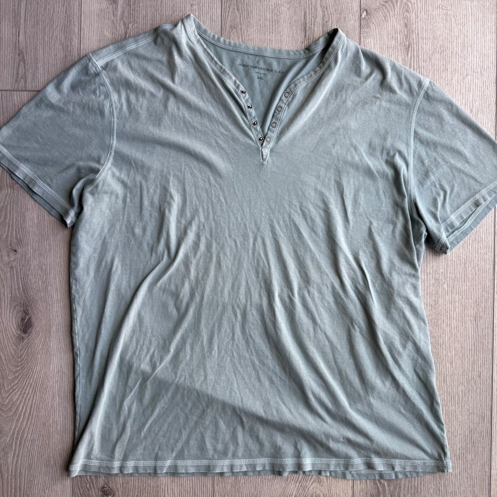 John Varvatos USA Mens XXL Blue Gray Snap Henley Short Sleeve Shirt Faded Wash